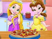 Baby Rapunzel and Baby Belle Cooking Pizza
